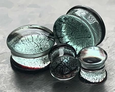 PAIR Silver & Black Fracture Design Glass Plugs Double Flare Gauge Body Jewelry 