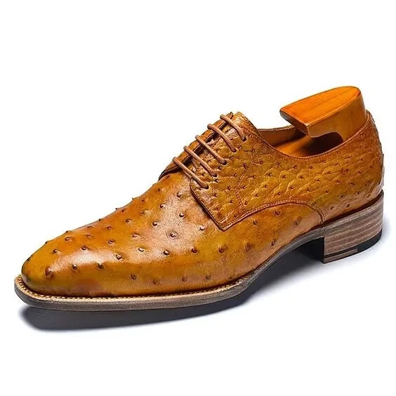 Sapato de negócios masculino feito à mão couro de avestruz bronzeado, sapatos sociais com cadarço, sapatos derby - Imagem 2 de 4