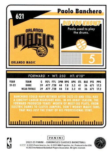 Paolo Banchero 2022-23 Chronicles Classics NBA - RC #621 - Orlando Magic - Picture 2 of 2