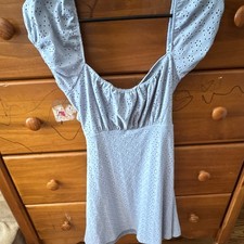 Windsor Blue Eyelet Sweetheart Puff Sleeve Lined Mini Dress Size M