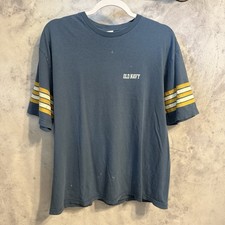 Vtg 90s Old Navy Made in USA Striped Sleeve Graphic T Shirt Blue Yellow Distress