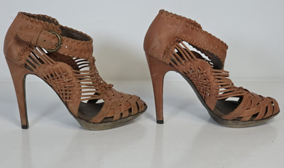 Allsaints Co. Orange Leather Woven Heels Shoes Ankle Buckle 37 TAIN Distressed