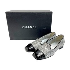 Chanel Glitter Patent Pumps Black Silver Women's Size EU35/US5