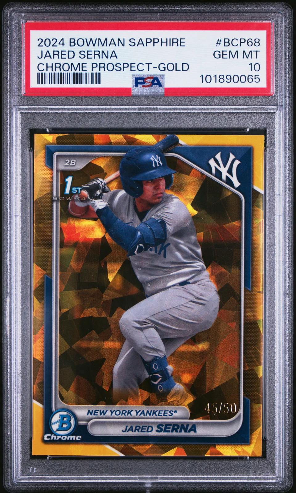 2024 Bowman Sapphire Edition Chrome Prospects Jared Serna #BCP68 Gold /50 PSA 10