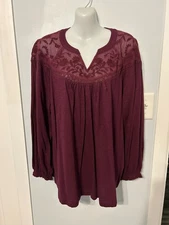 NWT Style&co Berried Treasure Lacy V-Neck Blouse with Long Sleeve   Plus Size 2X