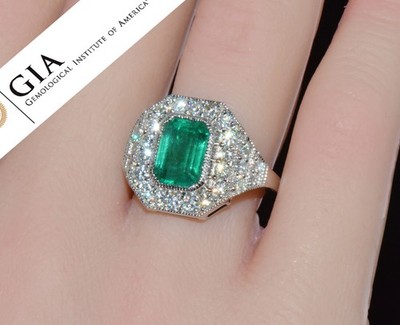 GIA natürlicher sambischer Smaragd Diamant 18K massives Gold Milgrain Halo Dinner Ring
