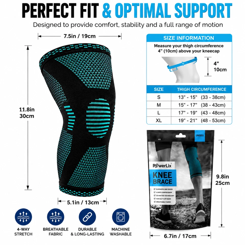 Knee Compression Sleeve Brace Support Men Women Running Gym Sports Pain Relief - Image 4 of 4