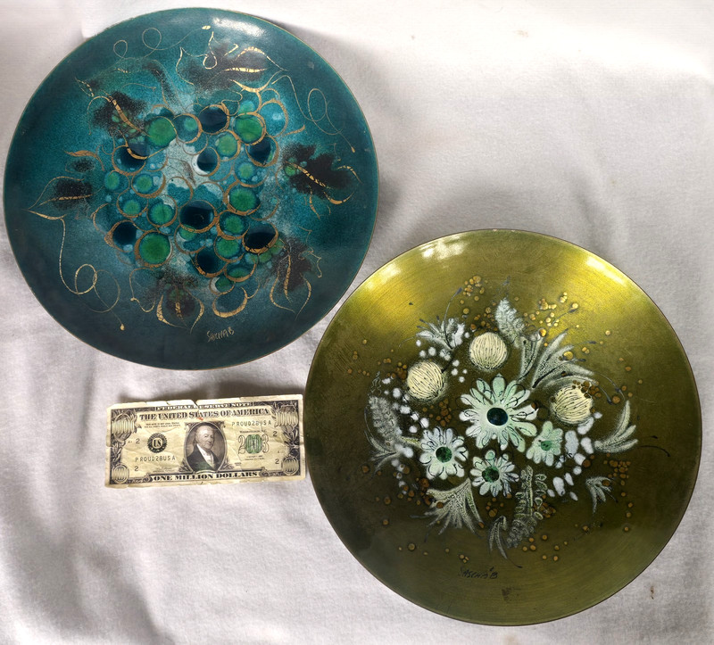 PAIR Sascha Brastoff Enamel on Copper Large 12" Concave Bowls MCM California