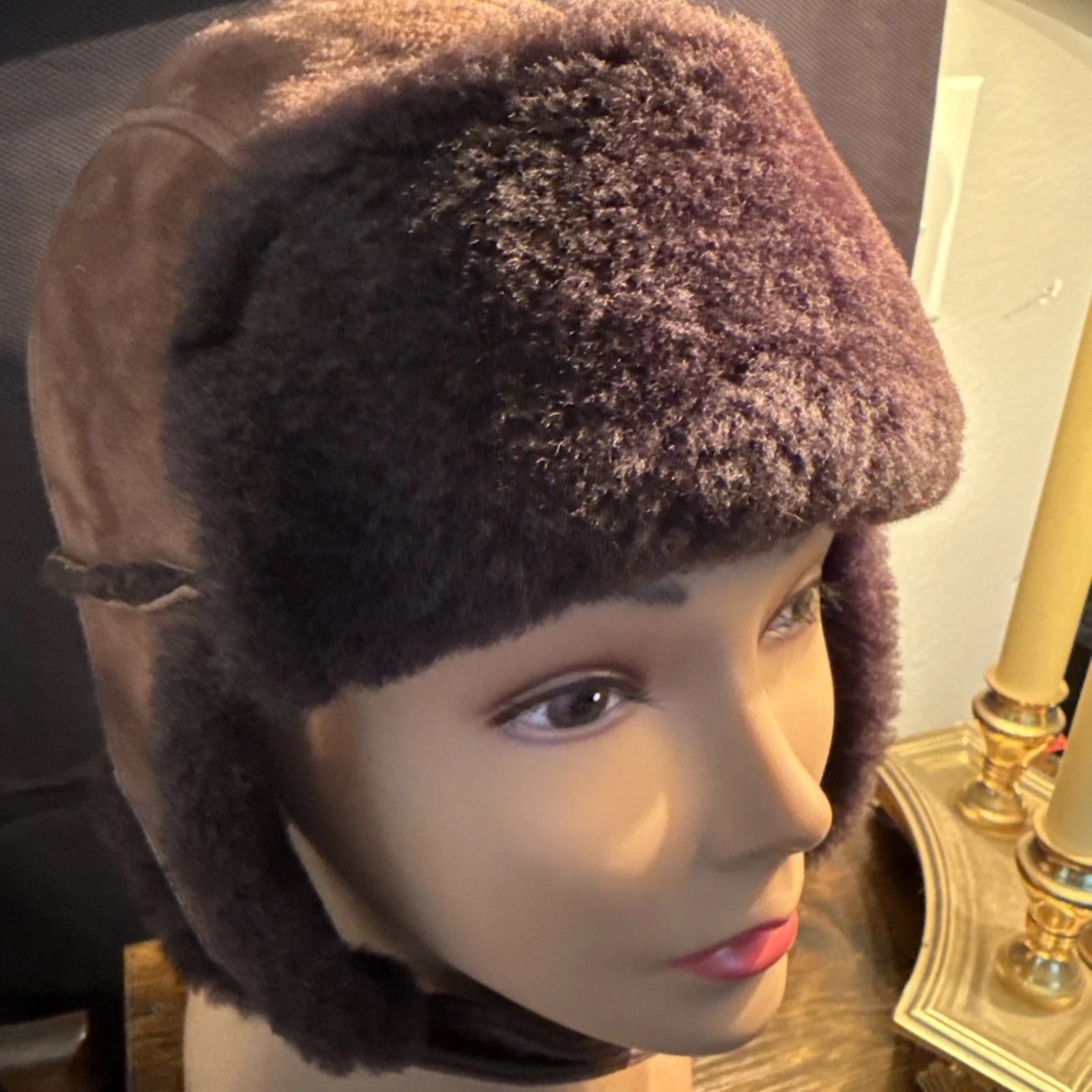 VTG 100% Sheepskin Orvis Shearling Leather Hat Trapper MOCHA BROWN