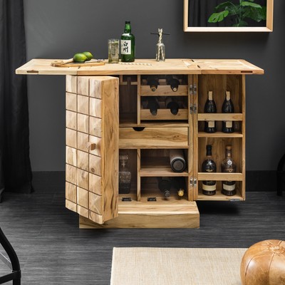 Barschrank MOSAICO - 130cm - Akazie Massivholz - handmade 3D-Effekt platzsparend