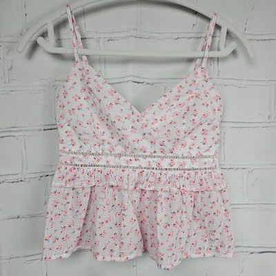 Mi Ami Ditzy Floral Print Spaghetti Strap Peplum Top XS Babydoll Cropped Shirt