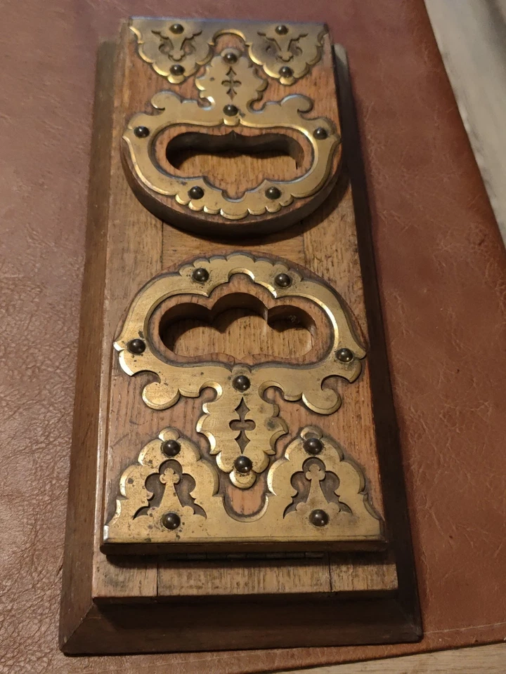 Ancien serre livre à glissière en marqueterie de laiton fleurs ciselées - 1900 - Photo 3/4