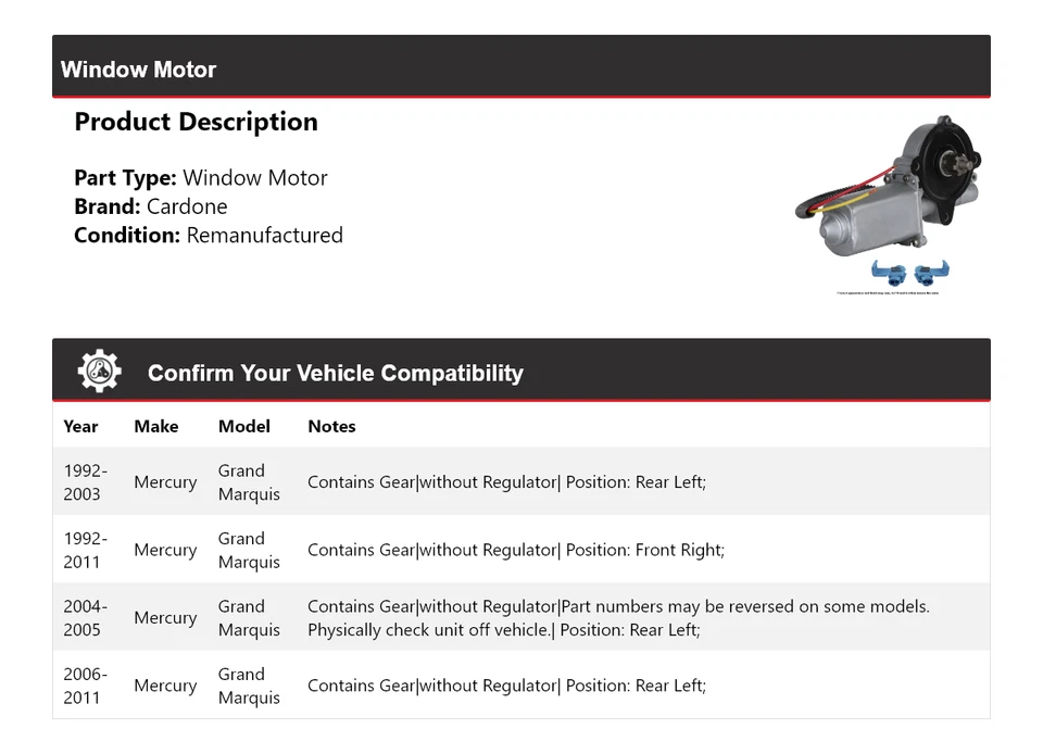 Para Mercury Grand Marquis 1992-2011 Ventana Motor Cardone 1993 1994 1995 1996 Foto 2 de 4