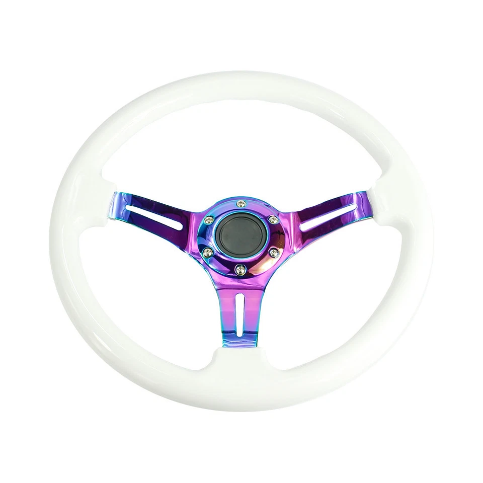 350mm 14inch Universal ABS Deep Dished Racing Steering Wheel Neo Chrome & White - Image 2 of 4