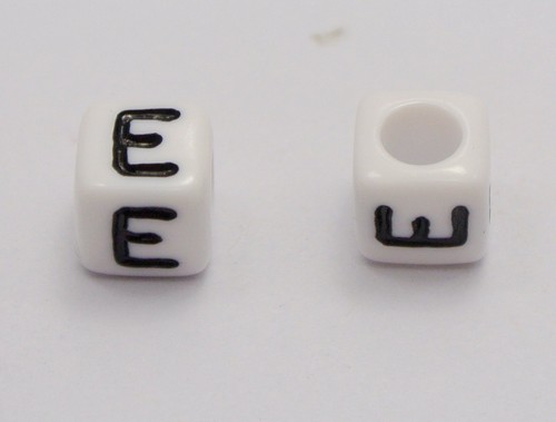 500 White with Black Alphabet Letter "E" Acrylic Cube Beads 6X6mm