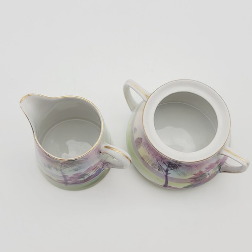 Vintage Hand Painted Nippon Sugar and Creamer Land River Trees Scene Small Chip - Picture 6 of 19
