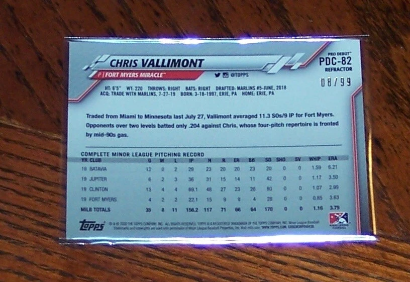 2020 Topps Pro Debut #PDC-82 Chris Vallimont Refractor #'d 08/99 RC - Image 2 of 3
