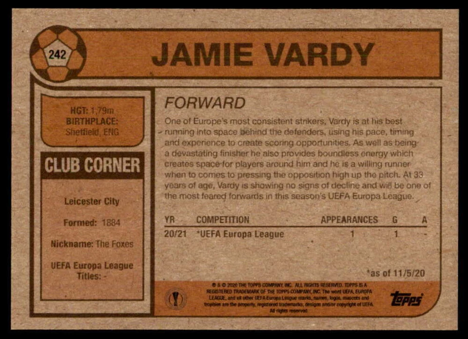 Jamie Vardy 2020 Topps Living Set UEFA Champions League #242 - Image 2 of 2