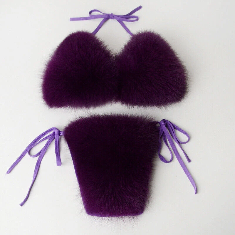 Новый женщин натуральный реальный мех сексуальный бикини два изделия комплект микро бюстгальтер трусиков стрингов - Изображение 4 из 4