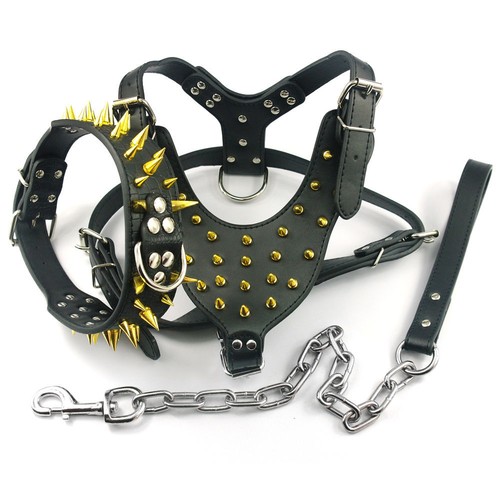 Gold Spiked Studded Dog Harness Collar Lead Set Leather for Large Dogs Pitbull - Picture 2 of 15