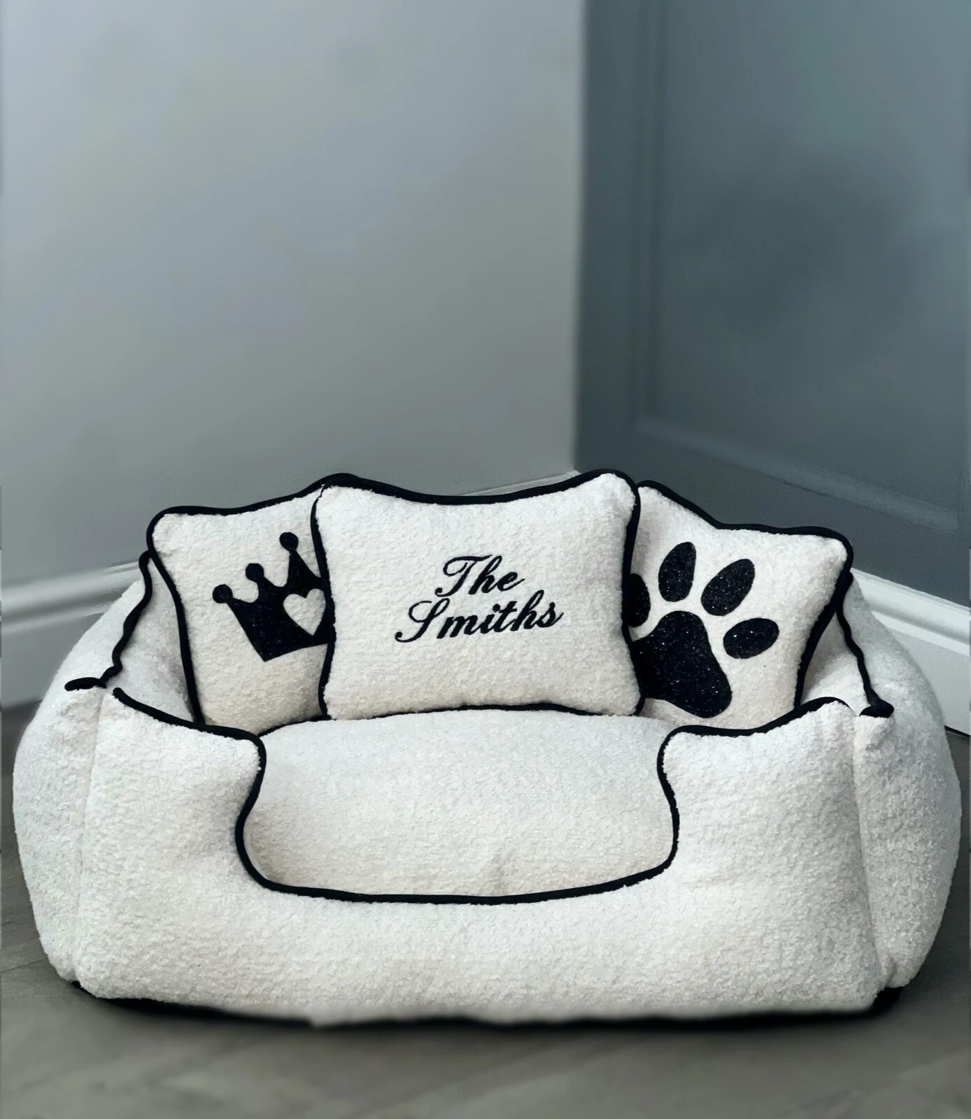 Personalised Cream Boucle Dog Pet Bed With Black Piping & All Cushions