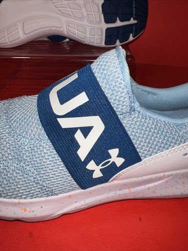 Under Armour. SURGE 3 SLIP GS 'PAINT SPLATTER'. Blue Slip On. Sz 5Y / 6.5 W - Picture 6 of 7