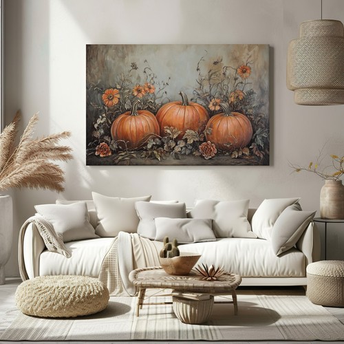 Orange Kürbisse Vintage Halloween Gemälde Leinwandbild Wandbehang Kunst - Bild 4 von 9