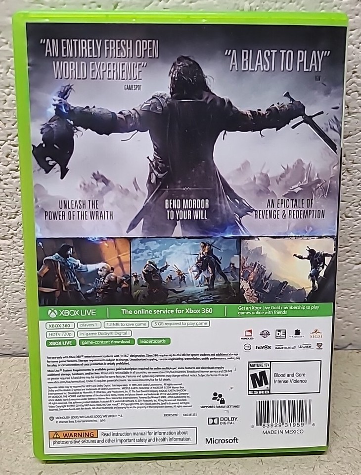 Middle Earth Shadow of Mordor Xbox 360 Video Lord Of The Rings Video