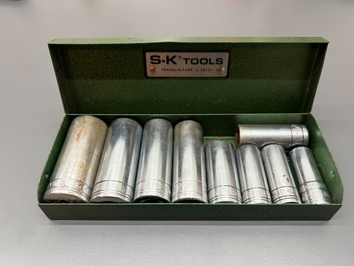 VINTAGE SK TOOLS 3/8" DRIVE 9PC SOCKET SET SAE & METRIC W METAL BOX - NICE - USA