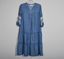 VTG National Embroidered Chambray House Dress With Ruffle Sz PS