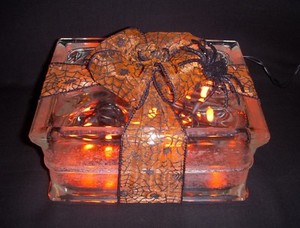 New Halloween Spiderweb Glass Block Light Black Spider Orange
