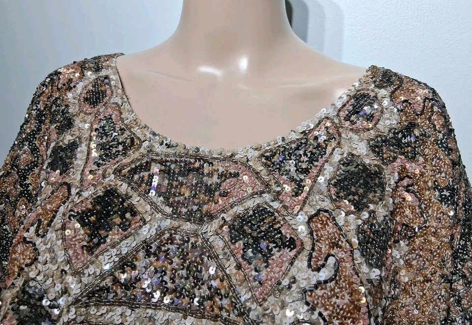 AllSaints Spitalfields Brown Viscose Sequin Top Hand Embellished Size 8-10 - Image 3 of 4