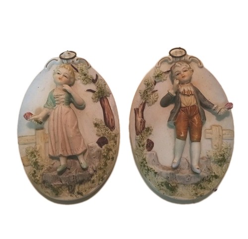 MCM Victorian Wall Plaques By Ardco 3D Boy and Girl Bisque Japan.mc - Picture 1 of 10