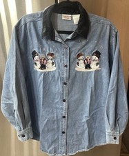 VTG Christmas Snowman/Bear Bobbie Brooks Embroidered Denim Shirt Women  s