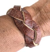 Vintage Hippie Brown Leather Braided Snap Cuff Bracelet 7-3/8"