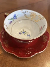 ROYAL HEIDELBERG WINTERLING CUP & SAUCER RED WITH GOLD TRIM Violet Flowers