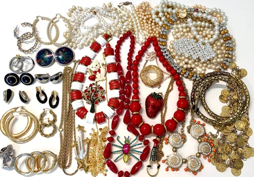 Grandma's Vintage Costume Jewelry Lot Brooches Necklaces Rhinestone Goldtone
