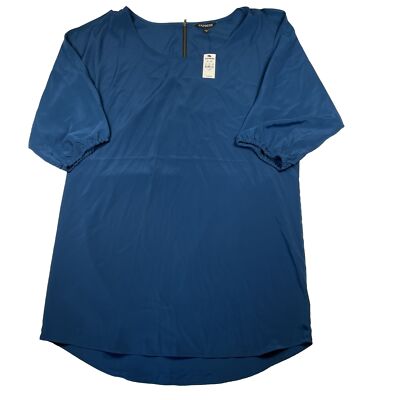 NEW Express Women Blue Teal Satin 3/4 Sleeve Cold Shoulder Blouse Top Size L