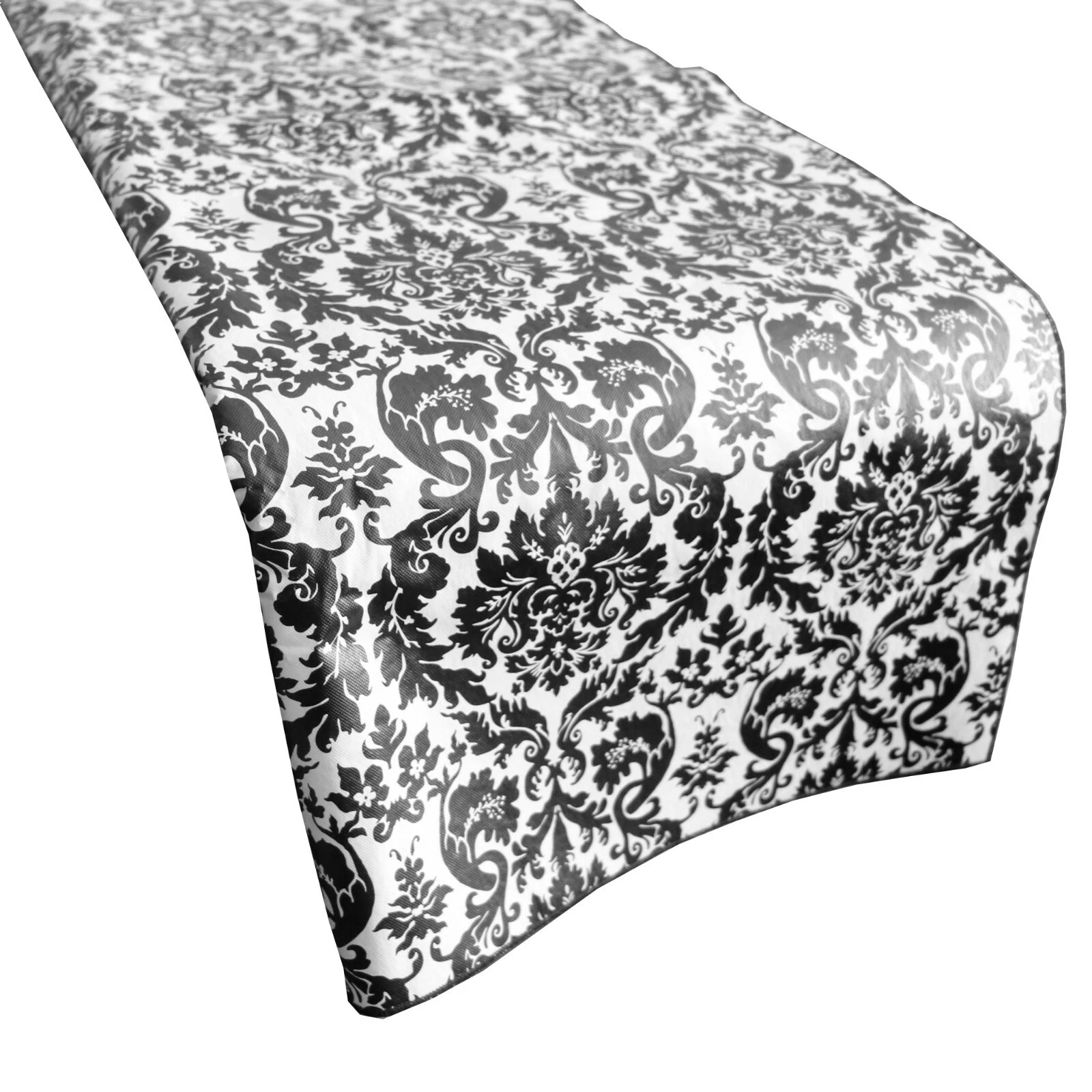 Plastic Damask Print Table Runner with Non-Slip Flannel Backing
