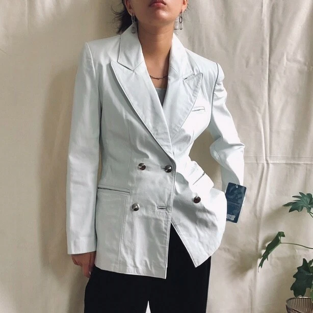 BLAZER DE CUERO BLANCO VINTAGE Chaqueta de cuero Wilson, NUEVO CON ETIQUETAS Talla S Foto 3 de 4