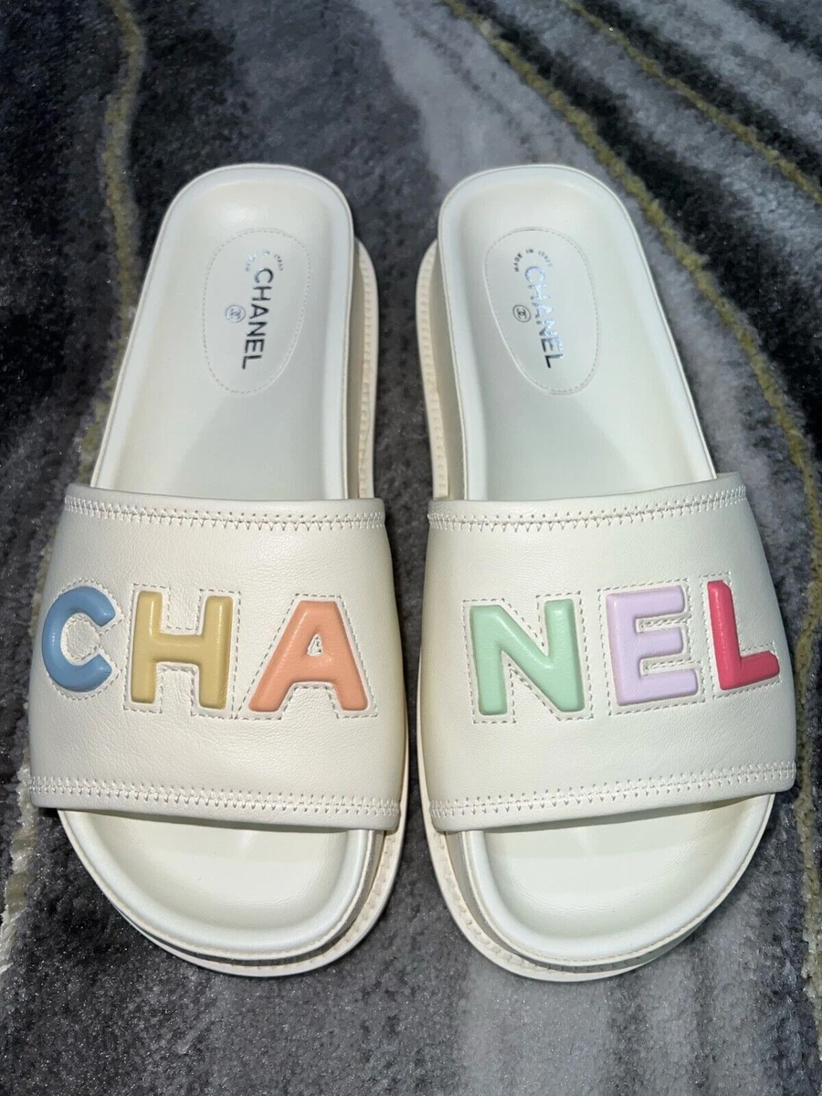 CHANEL Fabric Lambskin CC Sandals 38 White 1265196