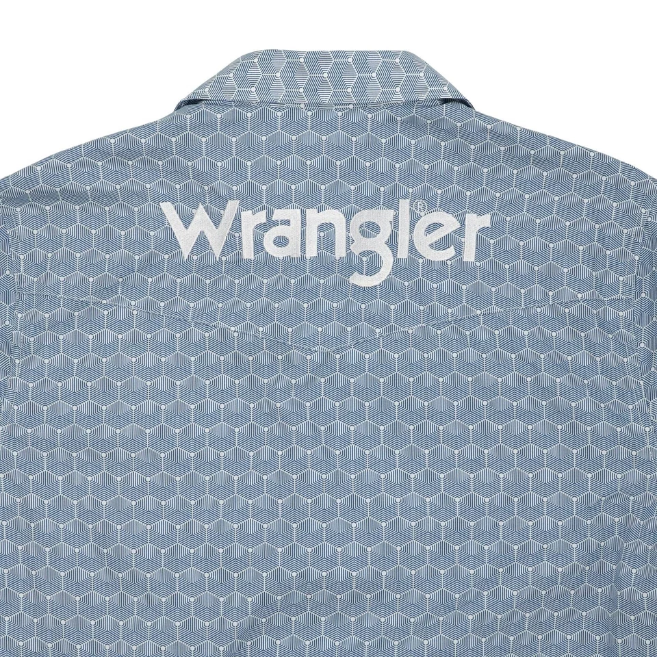 Men's Wrangler® Logo Long Sleeve Snap Shirt in Steely Blue Hexagons - 112359470 - Image 2 of 2