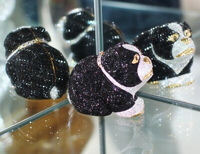 JUDITH LEIBER BULLDOG PUG BLACK WHITE GOLD DOG SWAROVSKI CRYSTAL