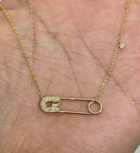 Authentic Real Moissanite 0.3Ct Round Cut Safety Pin chain Pendant 14K Yellow Gold Plated