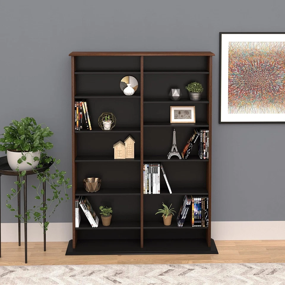 2 Column Display Cabinet Media, Double Width Wall Storage, Cherry/Black - Image 2 of 4