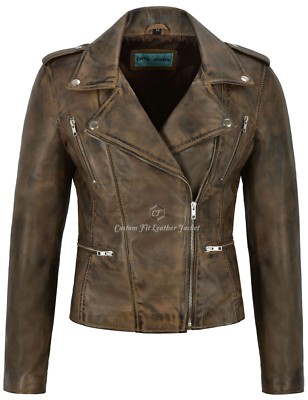 Women's Leather Jacket Dirty Brown Fashion Designer Motorcycle Biker Style 7113