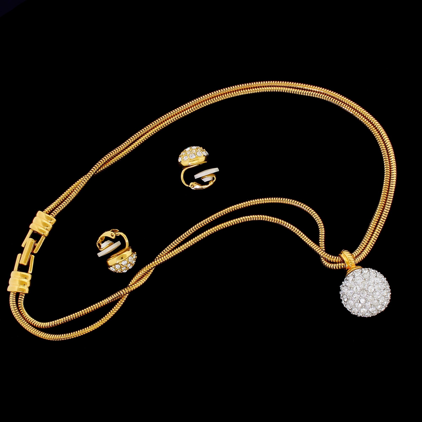 Swarovski Swan Signed Rhinestone Pave Disco Ball Necklace With Bonus