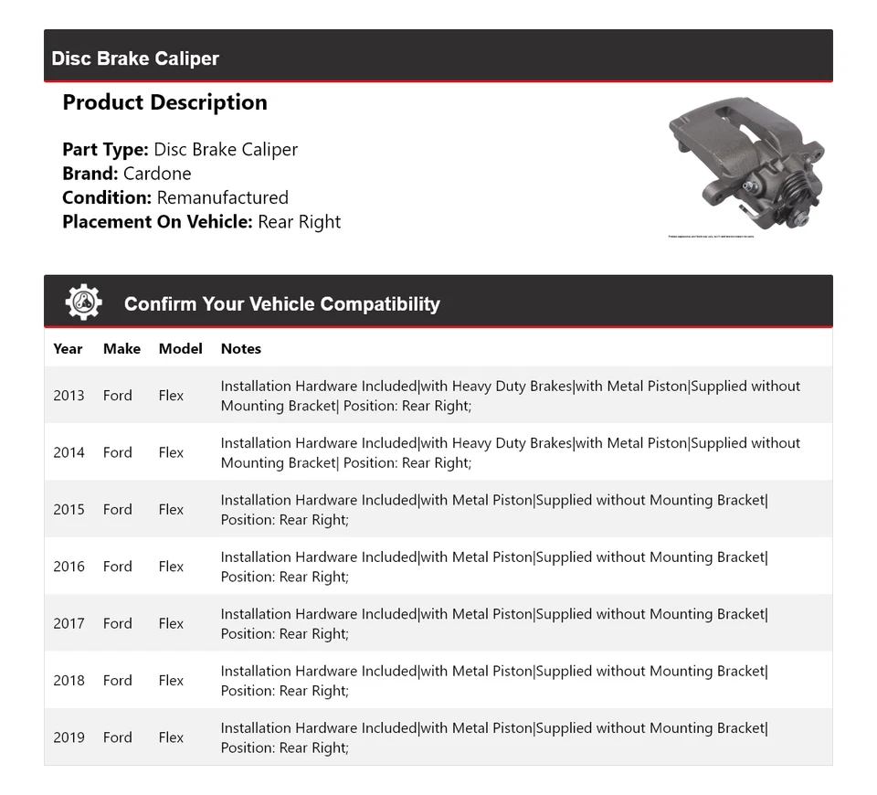 Pinza de freno de disco trasera derecha Cardone 2014 2015 2016 para Ford Flex 2013-2019 Foto 2 de 4