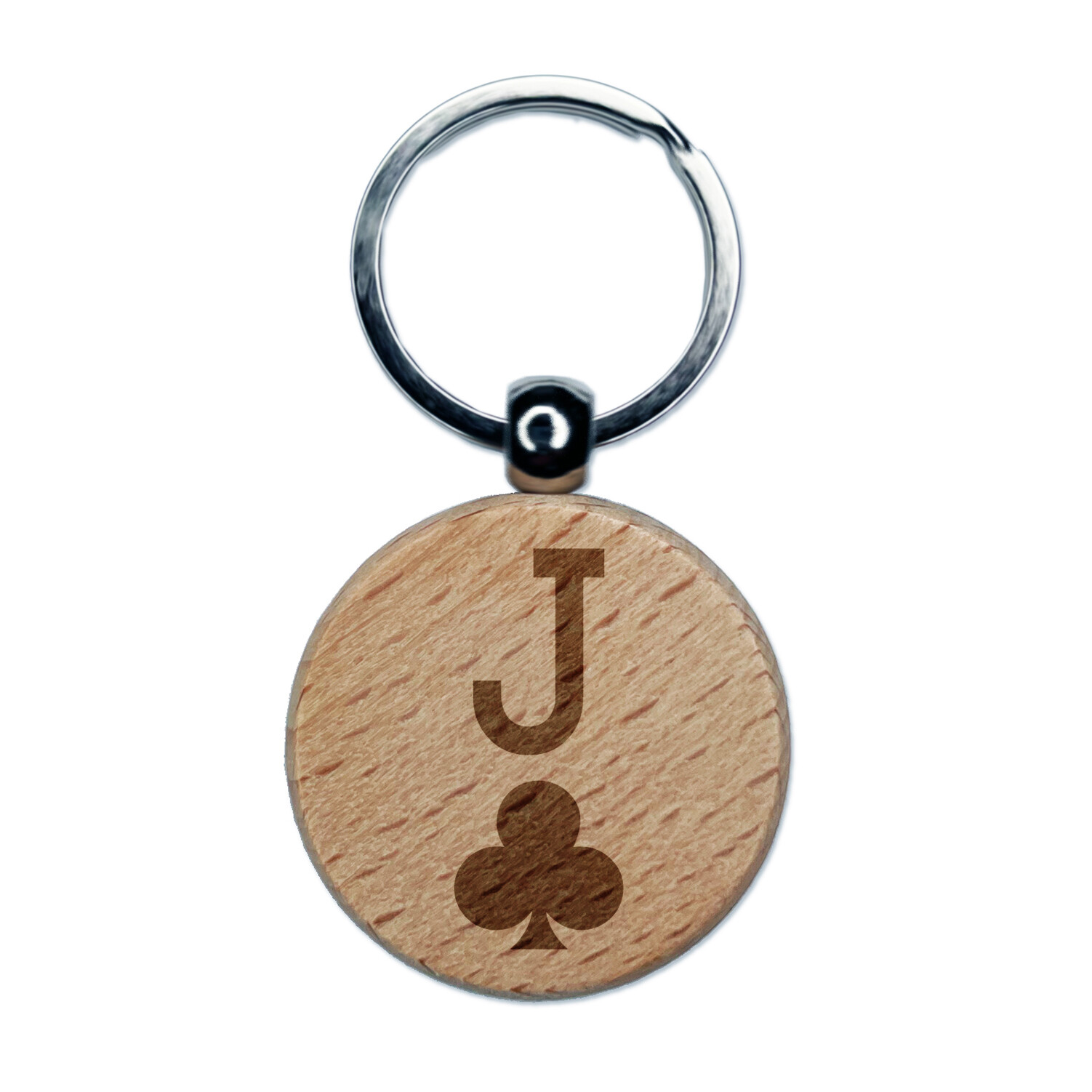 Jack of Clubs Card Suit Engraved Wood Round Keychain Tag Charm
