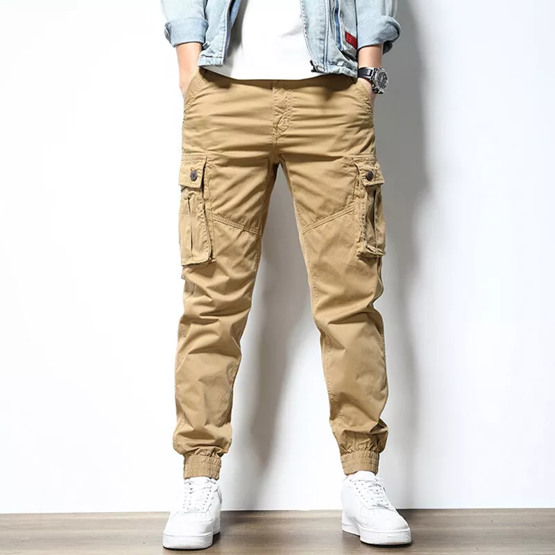 Men Side Pocket Cargo Combat Pants Tapered Cuffed Joggers Trousers